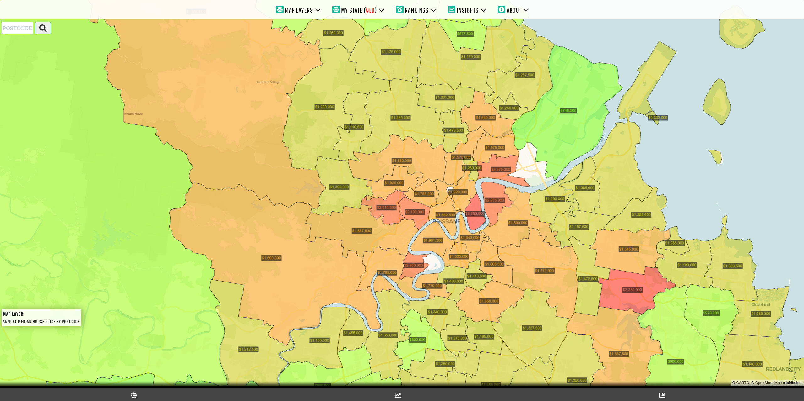 Screenshot of heatmaps.com.au showcasing house prices in Brisbane